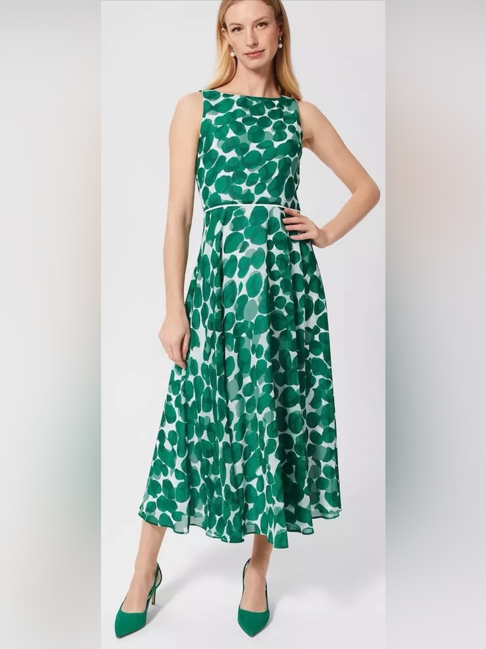 Hobbs Carly Spot Midi Sleeveless Dress Ivory and Green Size 6